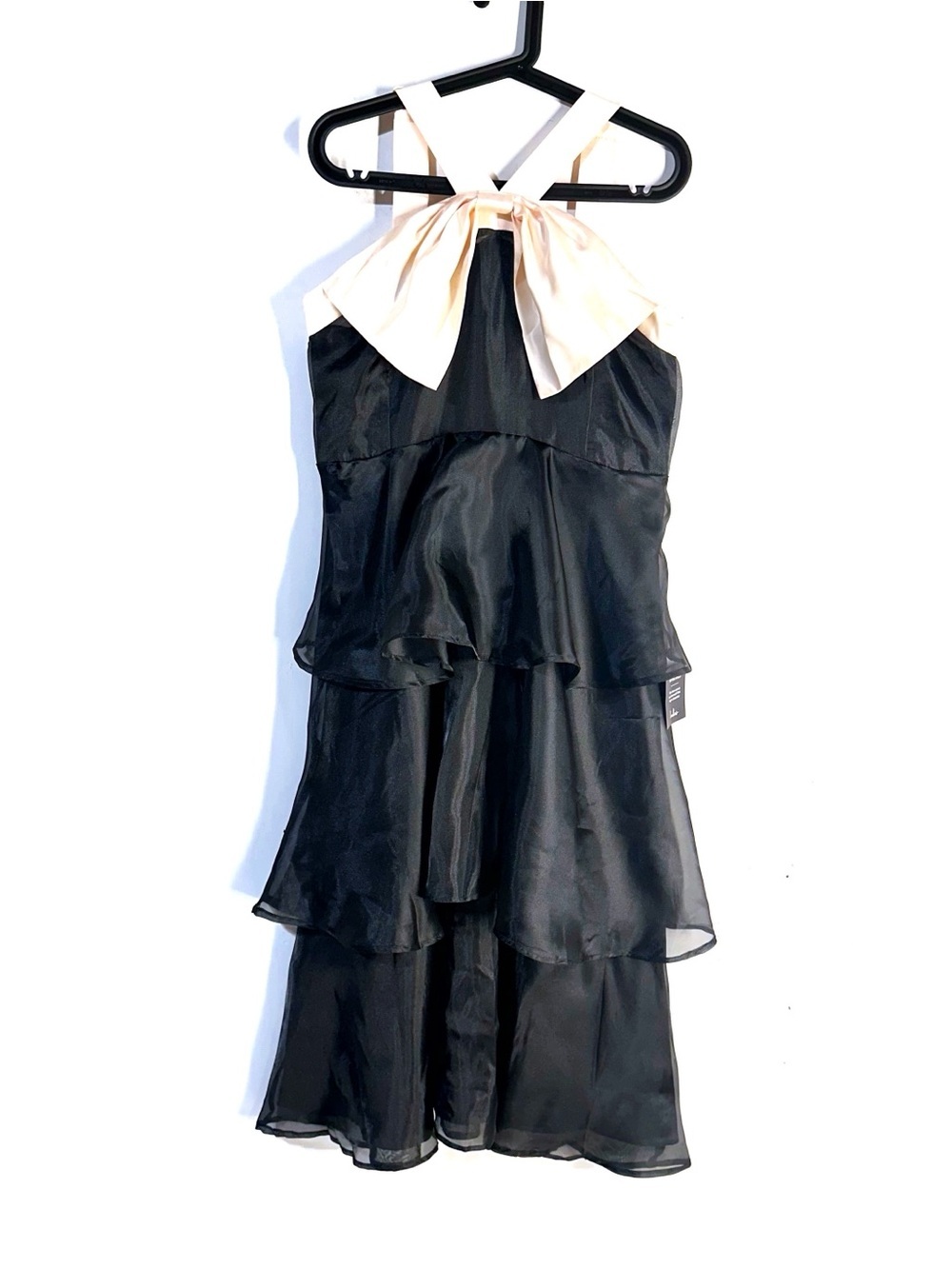 Lulu's Perfect Beauty Black Tiered Organza Midi Dress Blush Satin Bow Sz  XL NEW - Picture 3 of 8